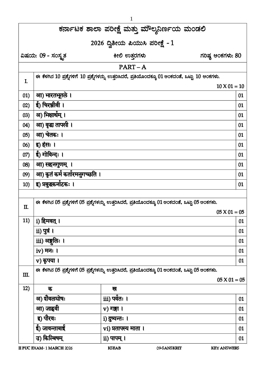 Karnataka 2nd PUC Question Paper 2026 Answer Key Sanskrit - Page 1 of 7