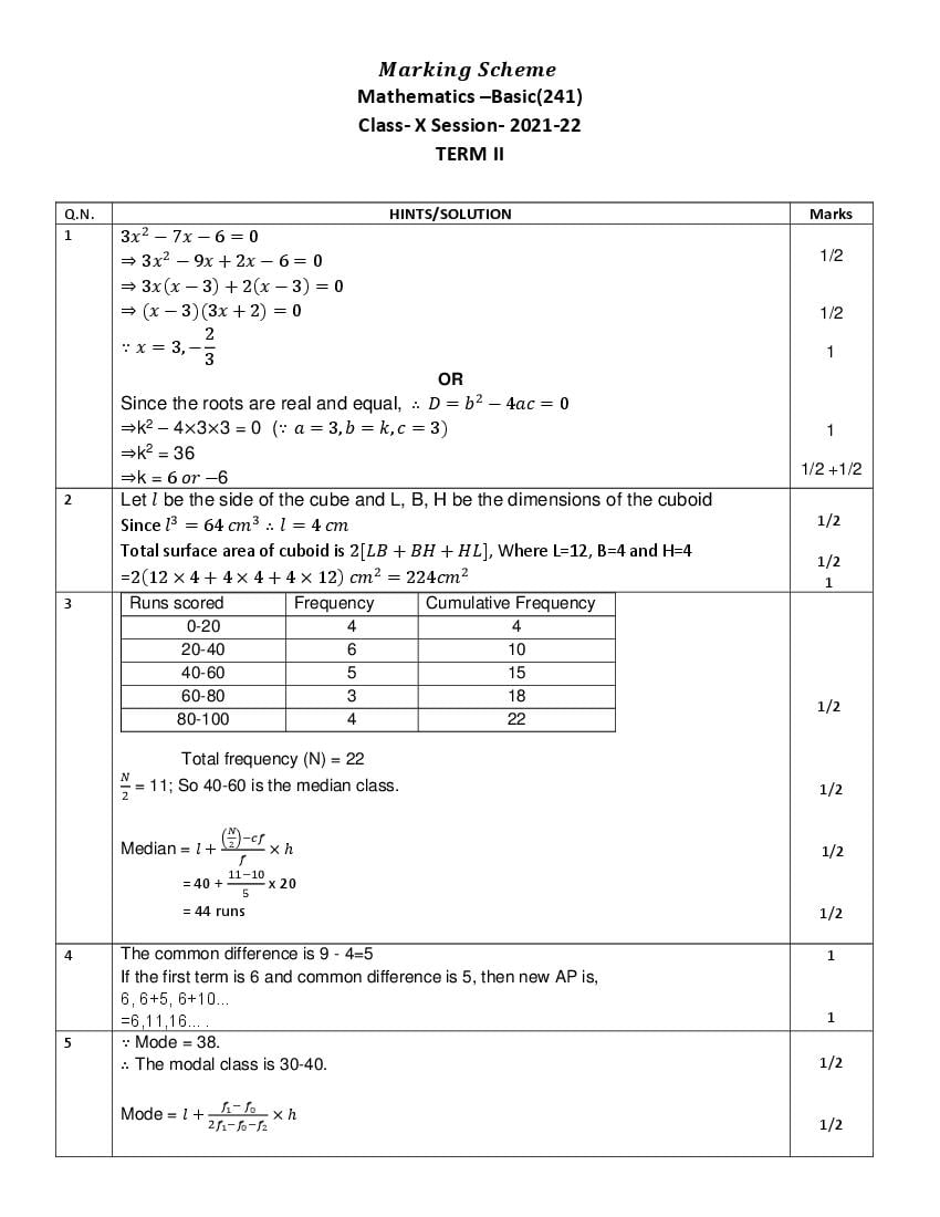 CBSE Class 10 Marking Scheme 2022 for Maths Basic Term 2 - Page 1