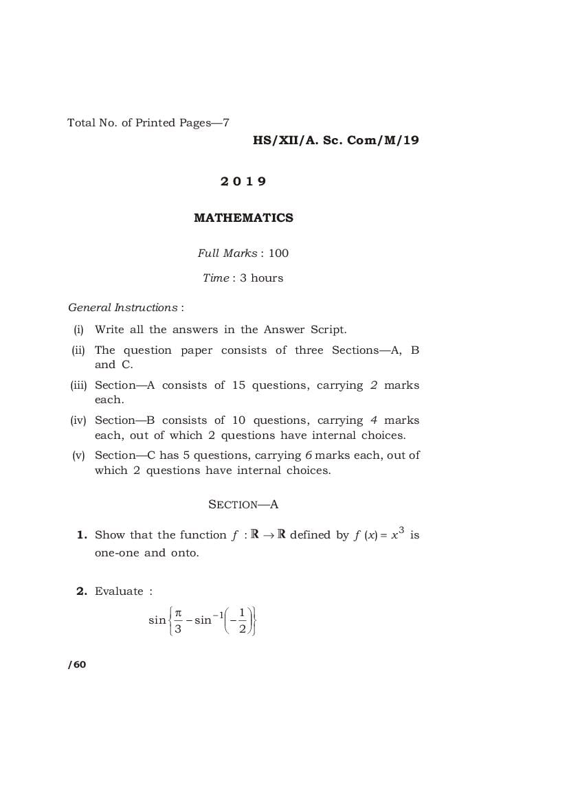 MBOSE Class 12 Question Paper 2019 for Mathematics - Page 1