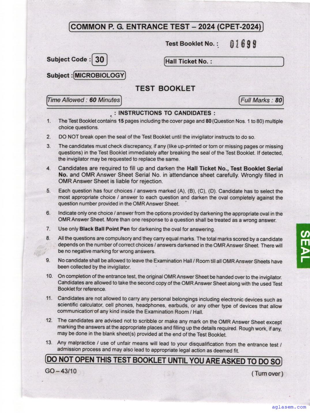 Odisha CPET 2024 Question Paper Microbiology - Page 1 of 16