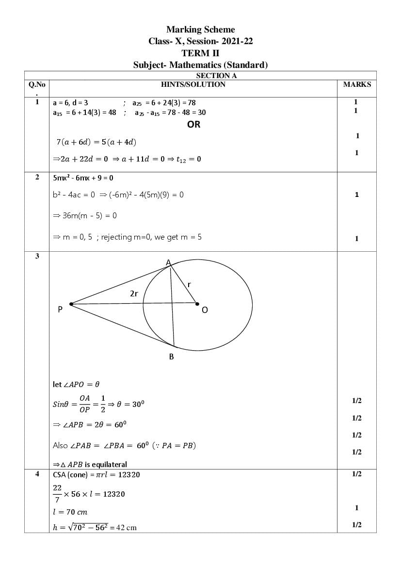 CBSE Class 10 Marking Scheme 2022 for Maths Standard Term 2 - Page 1