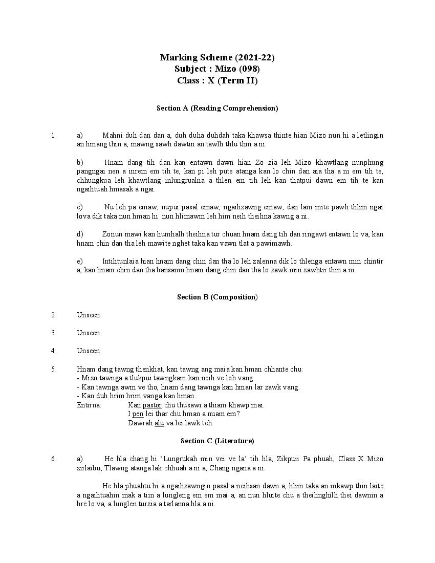 CBSE Class 10 Marking Scheme 2022 for Mizo Term 2 - Page 1