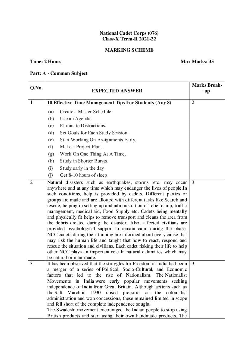 CBSE Class 10 Marking Scheme 2022 for NCC Term 2 - Page 1