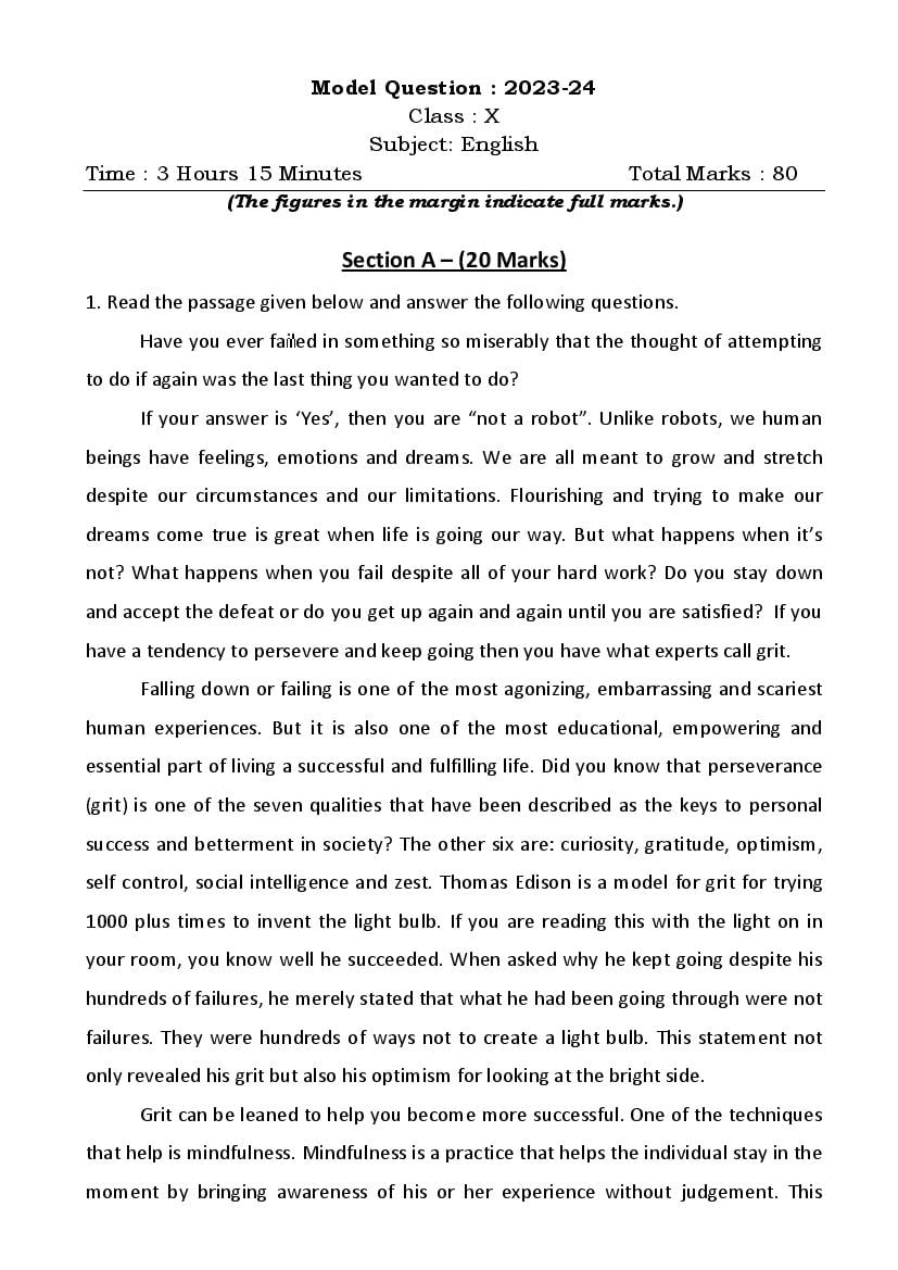 TBSE Class 10 Sample Paper 2024 English - Page 1