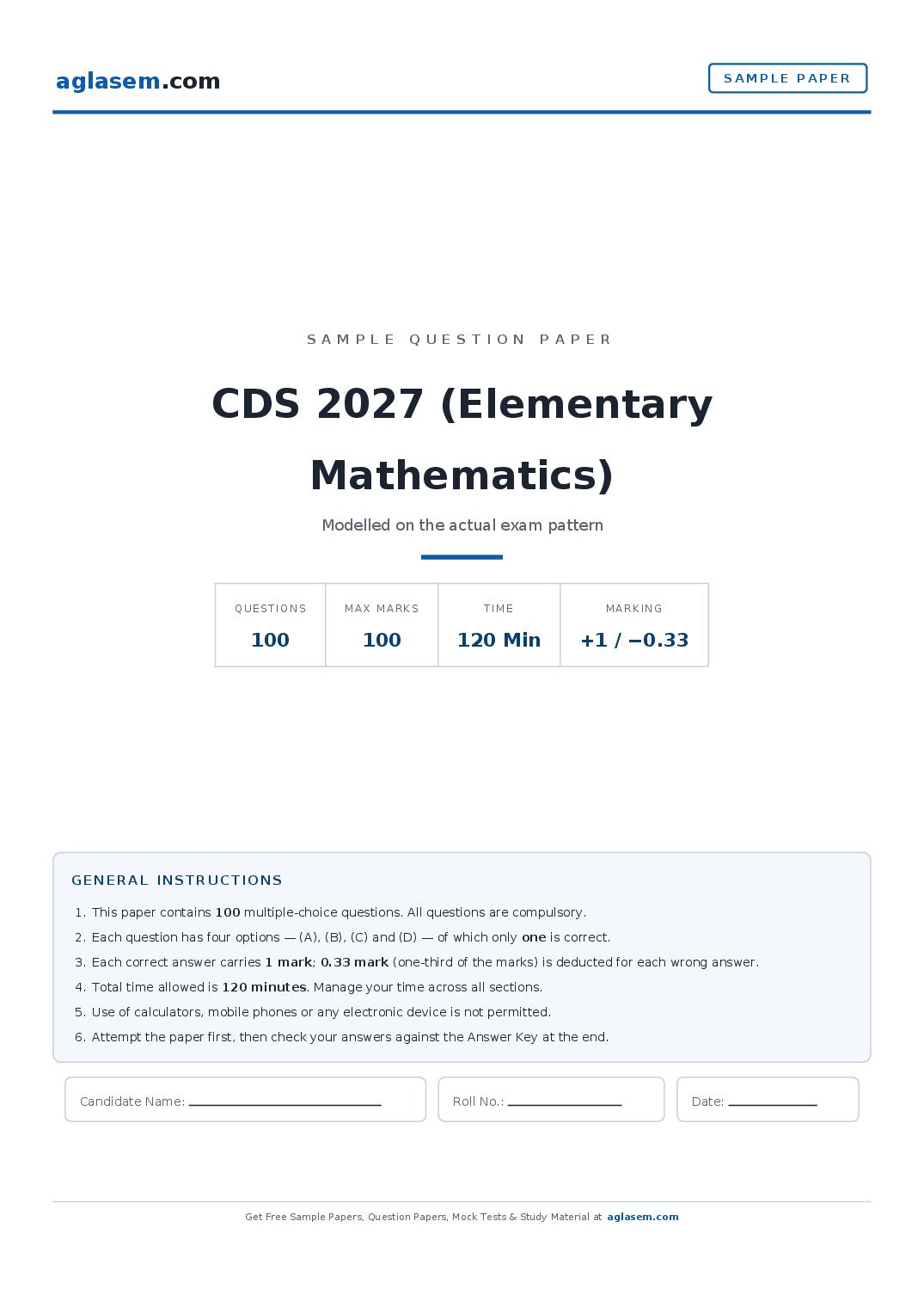 CDS 2027 Sample Paper (Elementary Mathematics) - Page 1 of 13