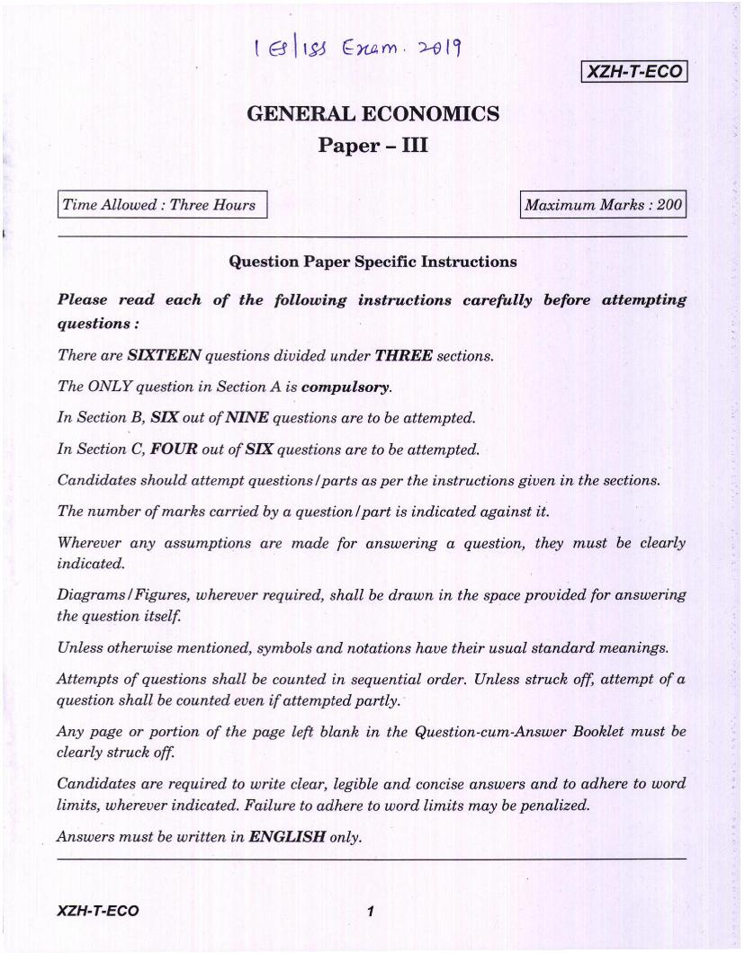 UPSC IES ISS 2019 Question Paper for General Economics Paper-III - Page 1