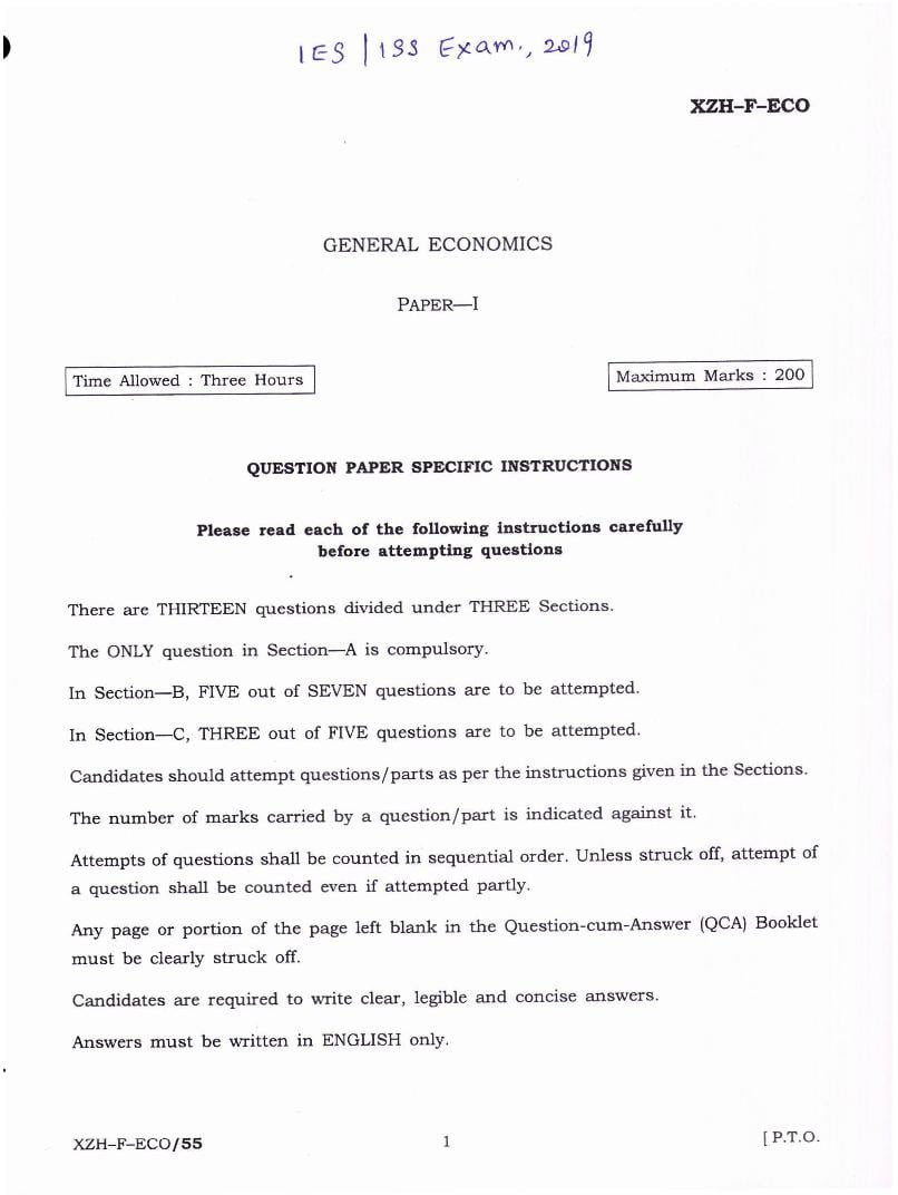 UPSC IES ISS 2019 Question Paper for General Economics Paper-I - Page 1