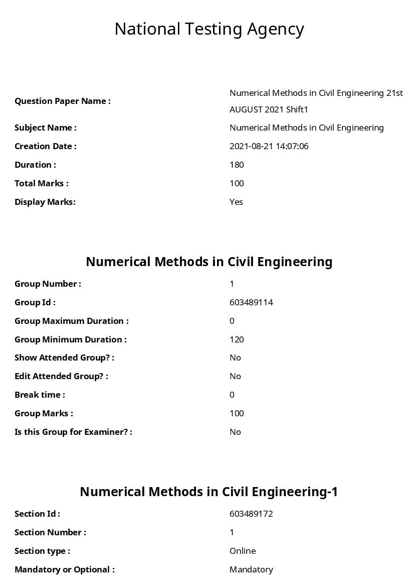 ARPIT 2021 Question Paper for Numerical Methods in Civil Engineering - Page 1