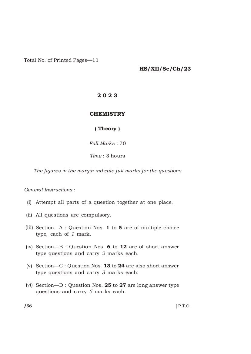 MBOSE Class 12 Question Paper 2023 for Chemistry - Page 1
