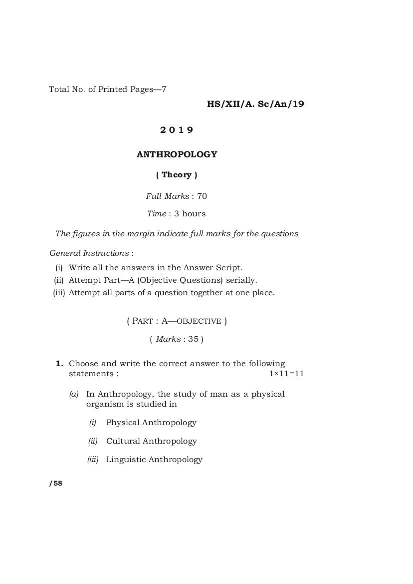 MBOSE Class 12 Question Paper 2019 for Anthroplogy - Page 1