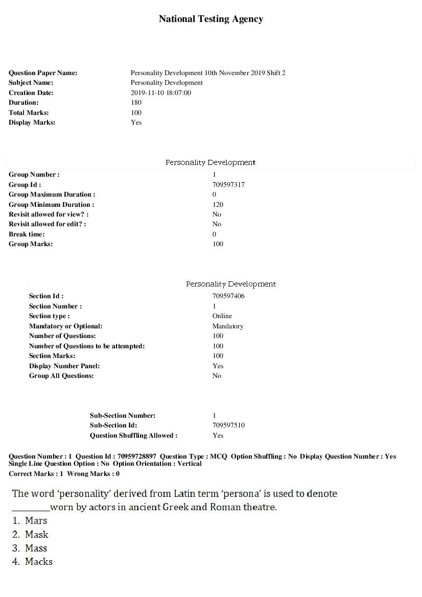 SWAYAM 2019 Question Paper Personality Development - Page 1