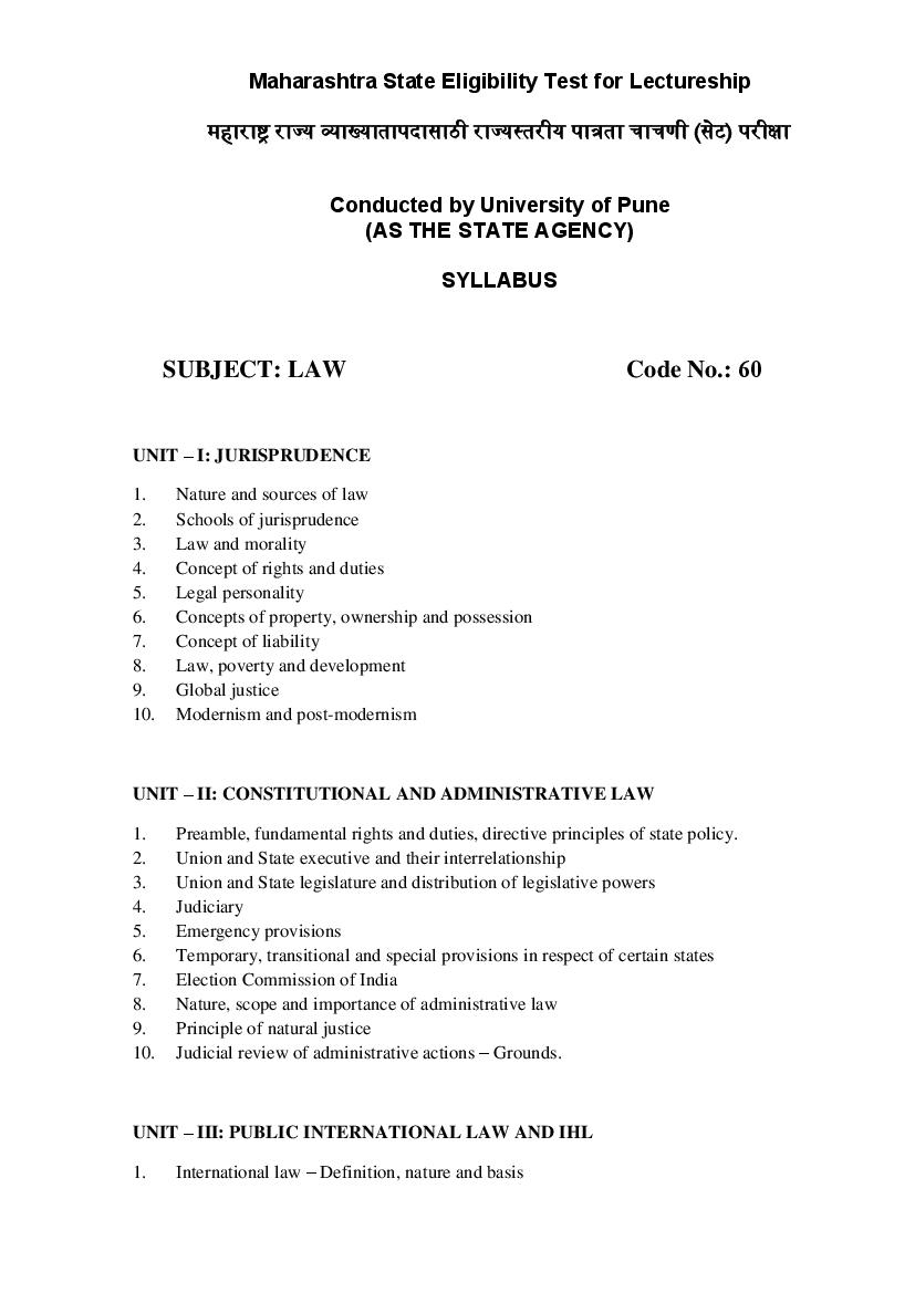 MAHA SET 2020 Syllabus Law - Page 1 of 4