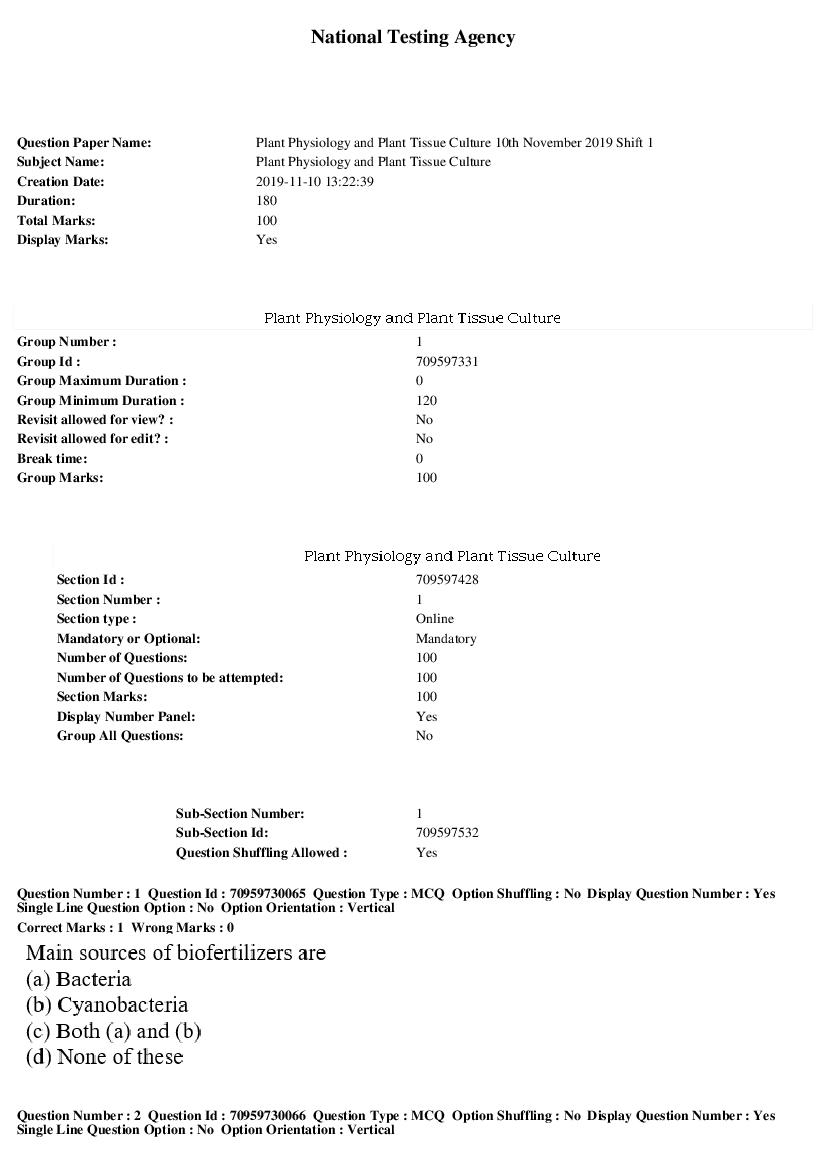 SWAYAM 2019 Question Paper Plant Physiology and Plant Tissue Culture - Page 1