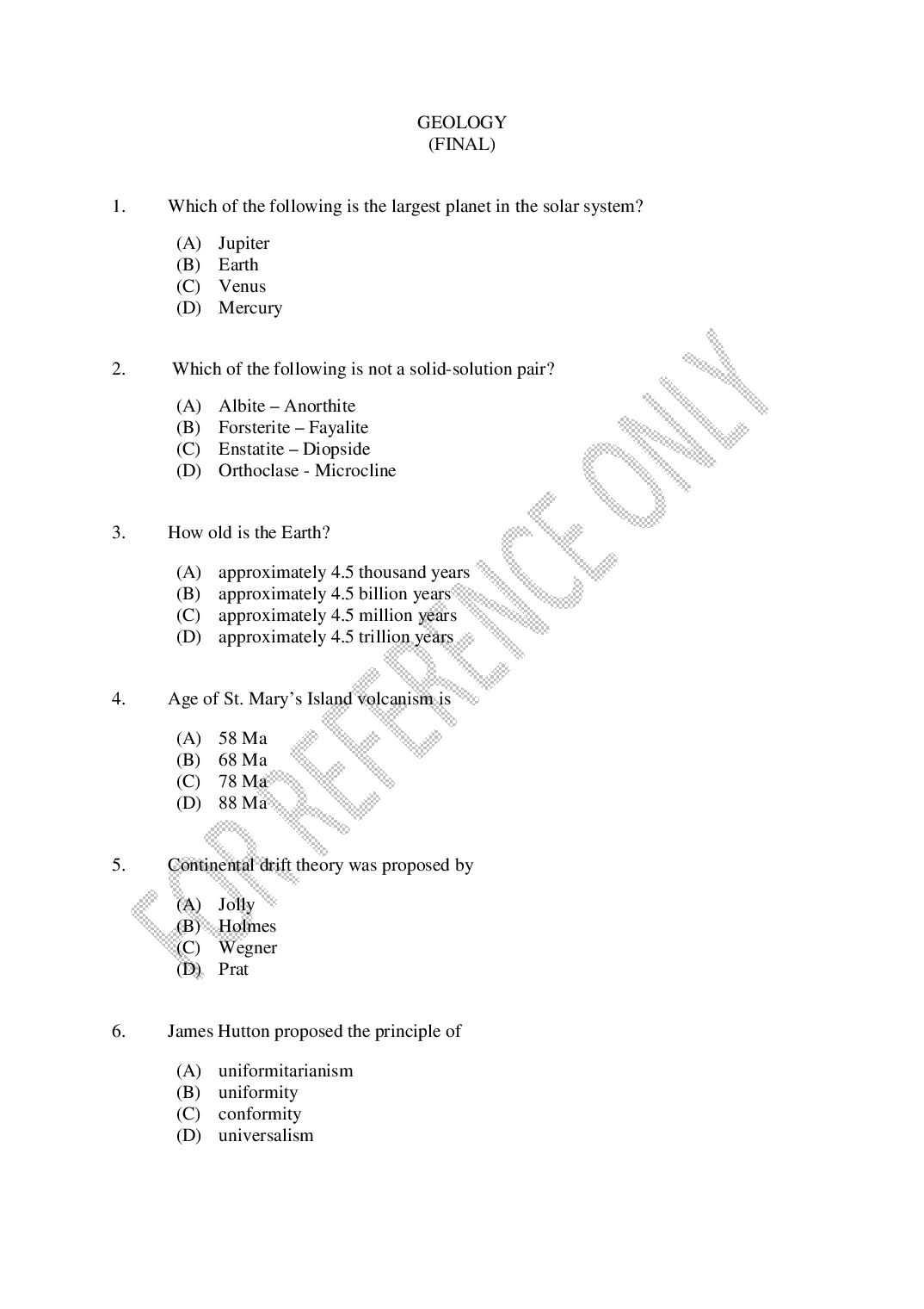 CUSAT CAT 2025 Question Paper Geology - Page 1 of 27