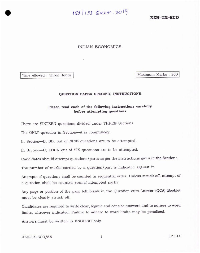 UPSC IES ISS 2019 Question Paper for Indian Economics - Page 1