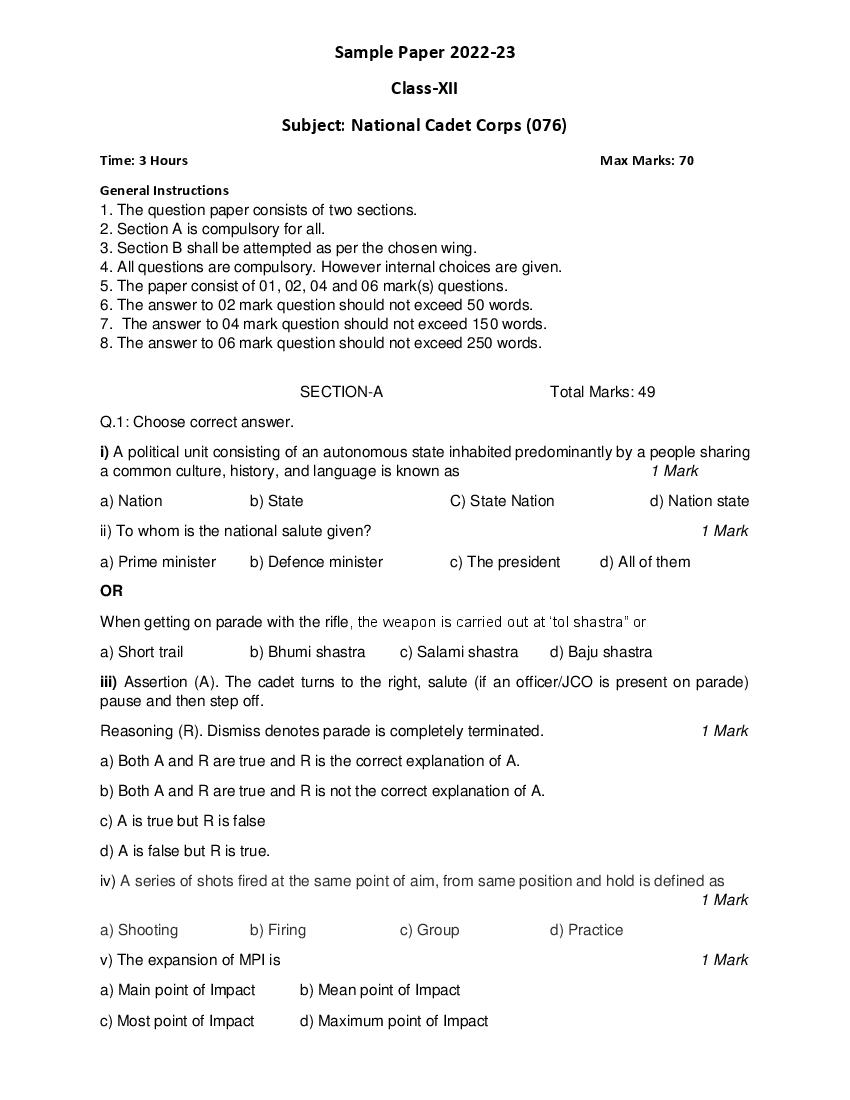 CBSE Class 12 Sample Paper 2023 NCC - Page 1