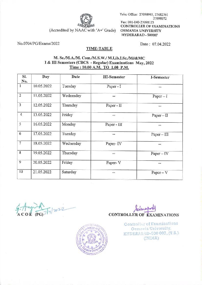 Osmania University Time Table for PG (M.A., M.Com, M.SC, M.S.W, M.LIB.I.SC., MJ & MC) (CBCS) 1st