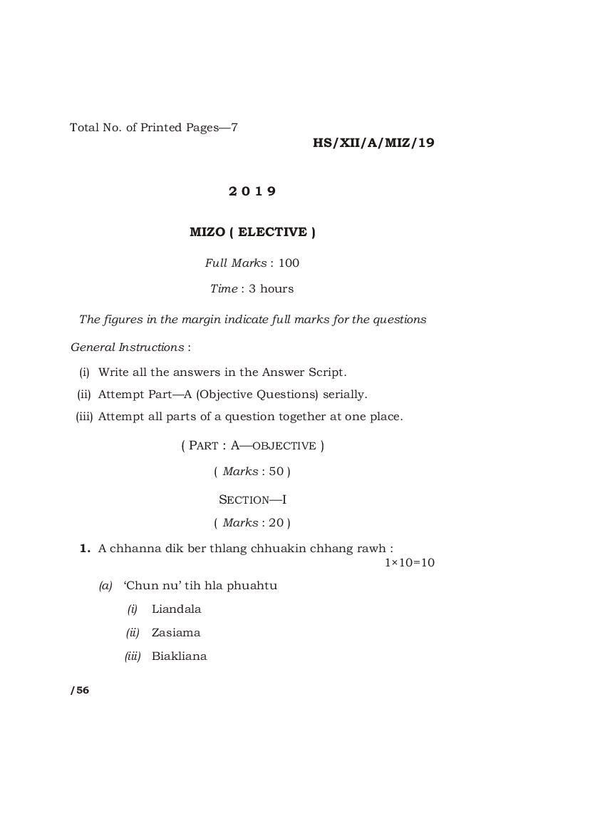 MBOSE Class 12 Question Paper 2019 for Mizo Elective - Page 1