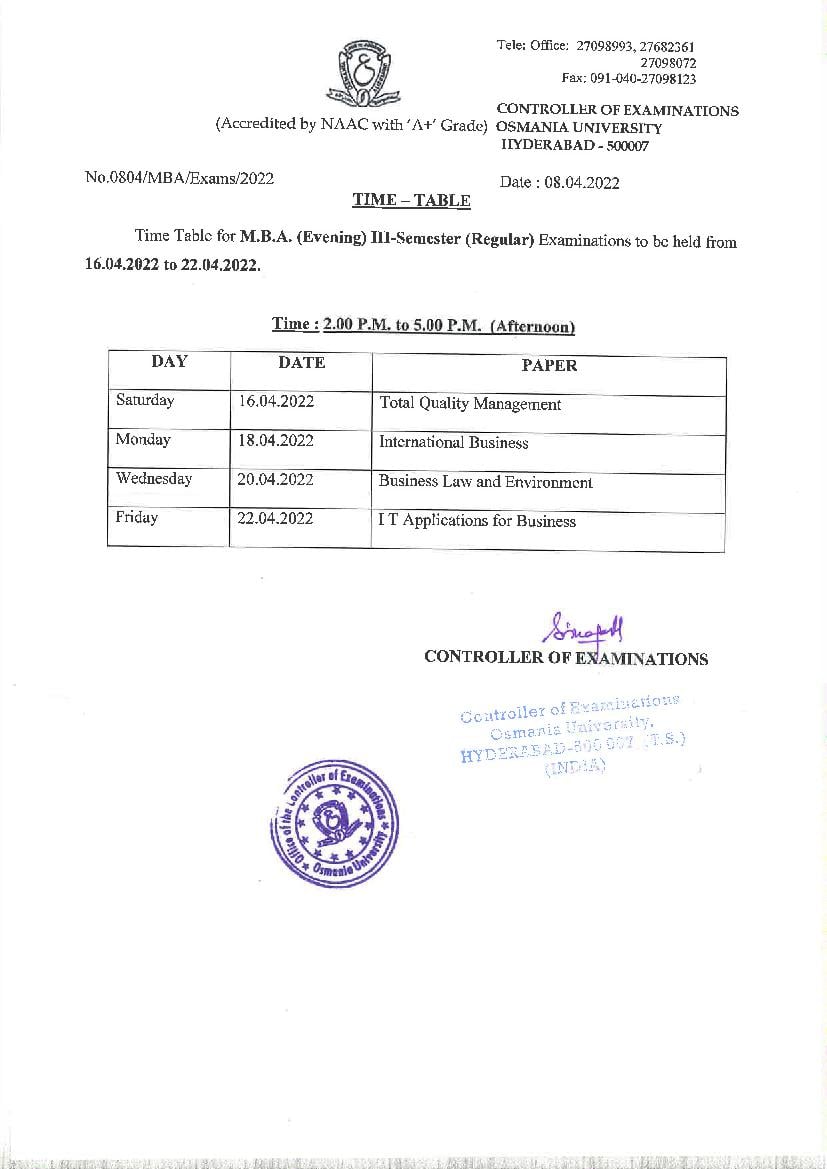 Osmania University time table for MBA (Evening) 3rd Sem (Regular) Exam