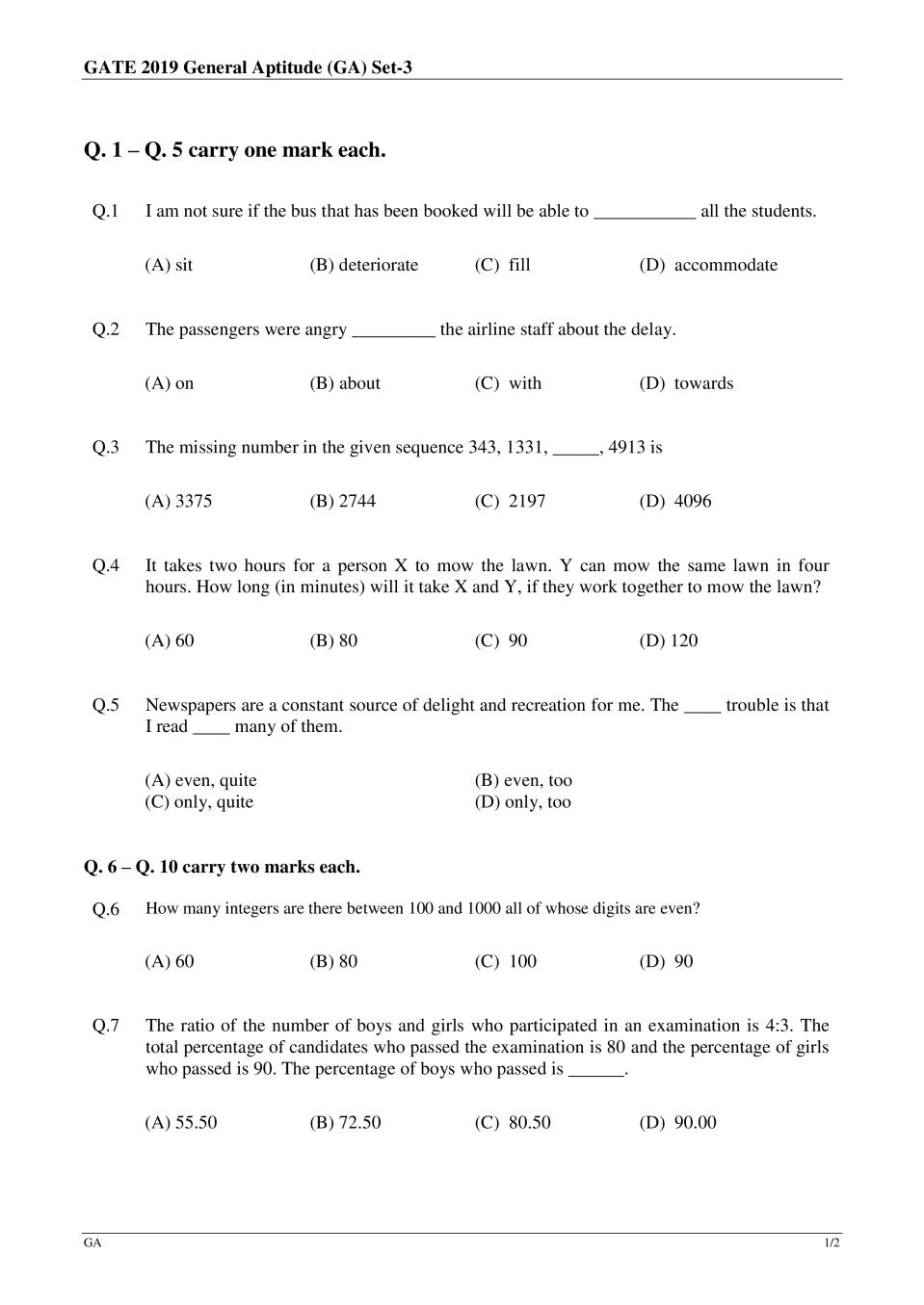 GATE 2019 Electrical Engineering (EE) Question Paper with Answer - Page 1