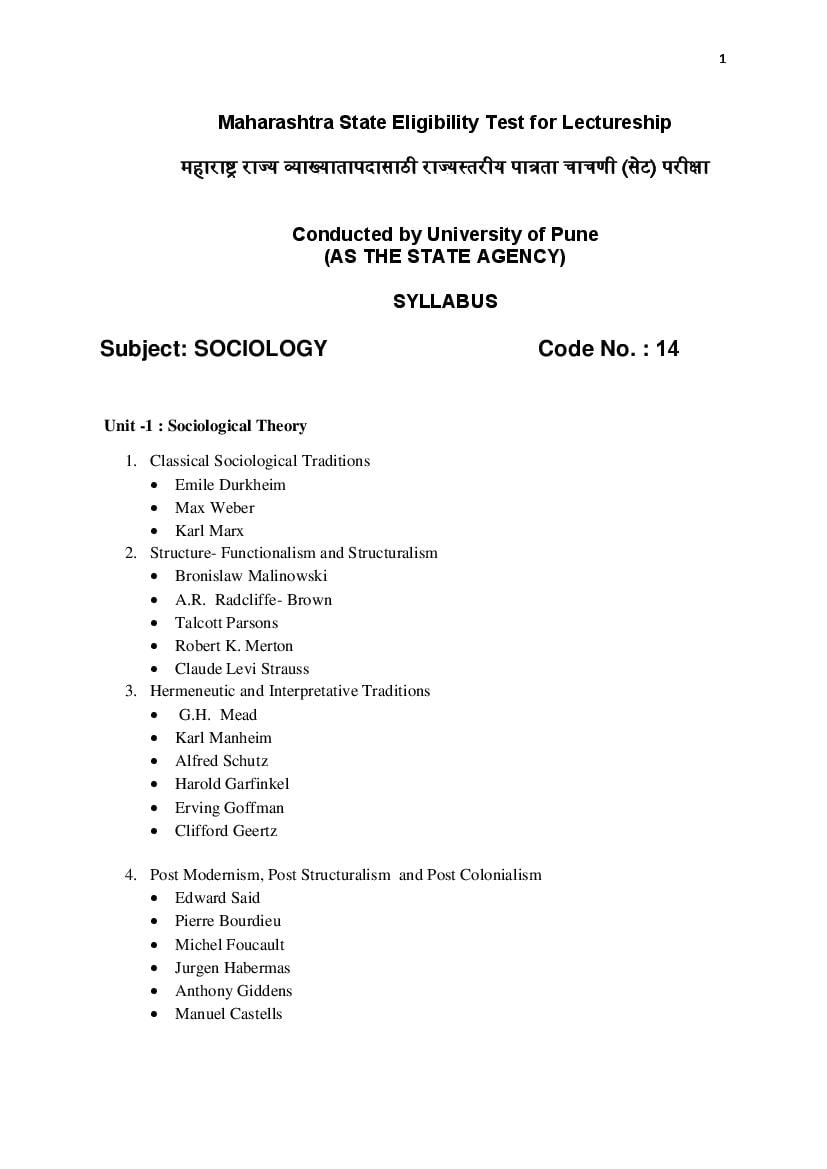 MAHA SET 2020 Syllabus Sociology - Page 1 of 6