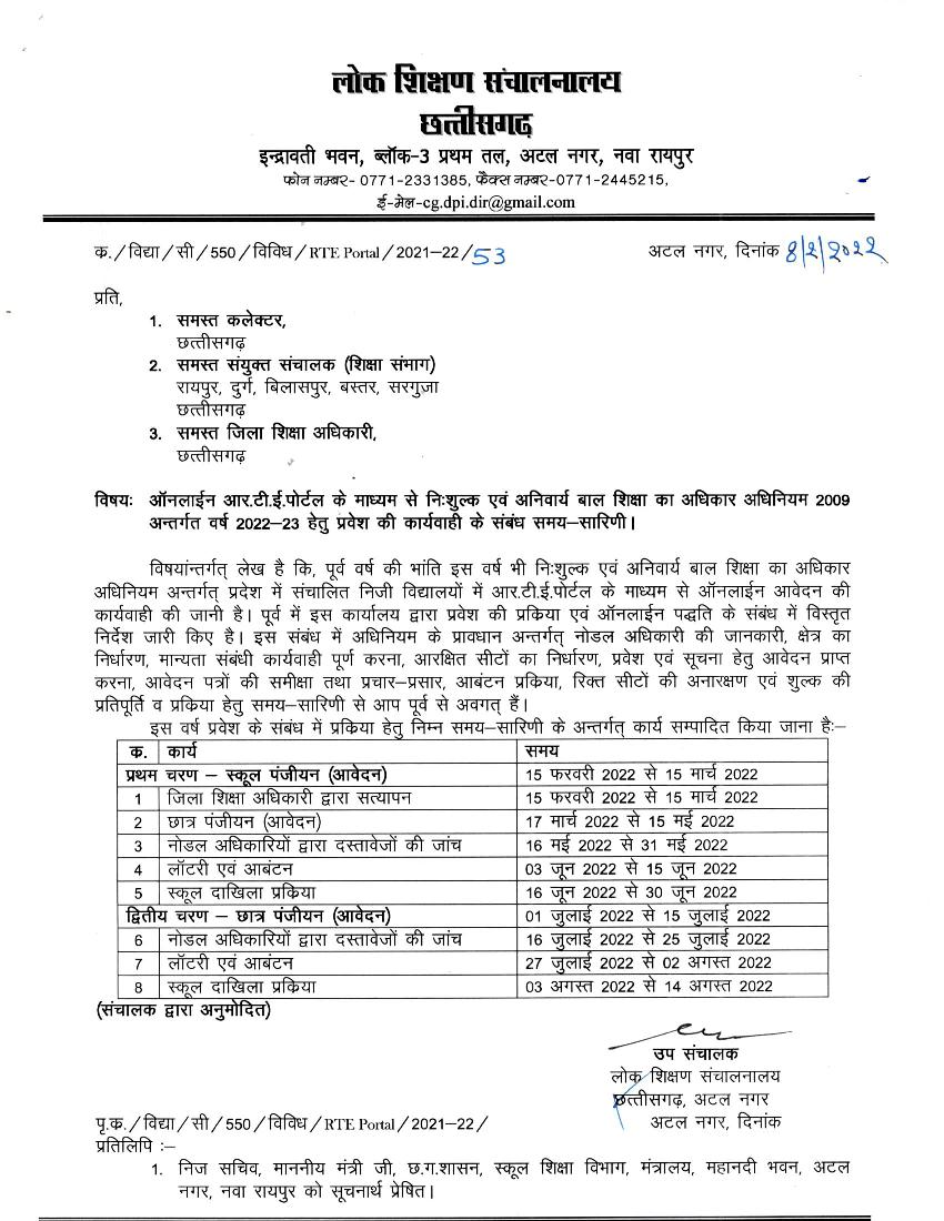 RTE Chattisgarh Admission 2022 Notification - Page 1