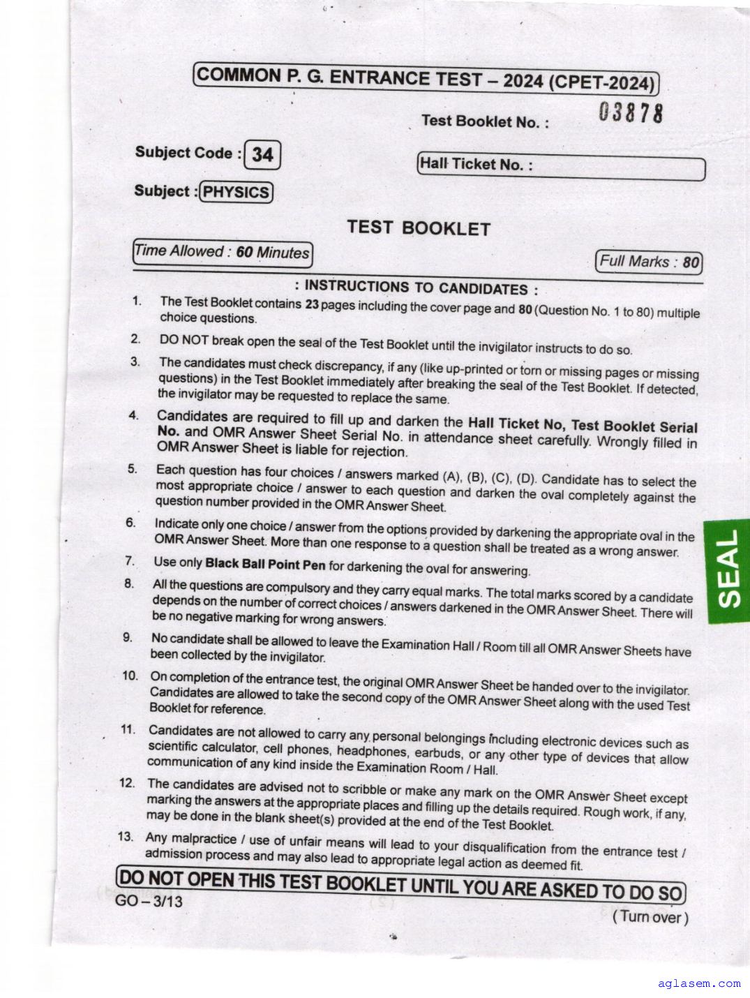 Odisha CPET 2024 Question Paper Physics - Page 1 of 24