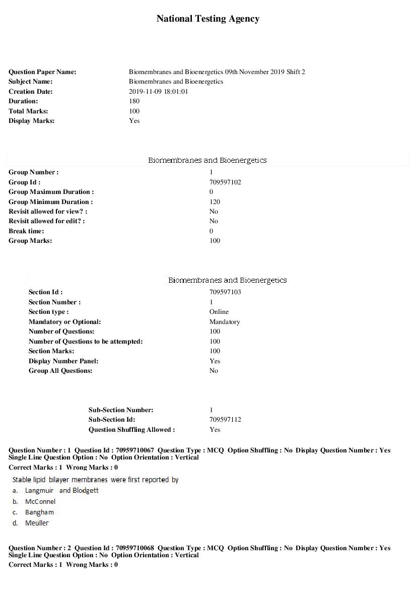 SWAYAM 2019 Question Paper Biomembranes and Bioenergetics - Page 1 of 20
