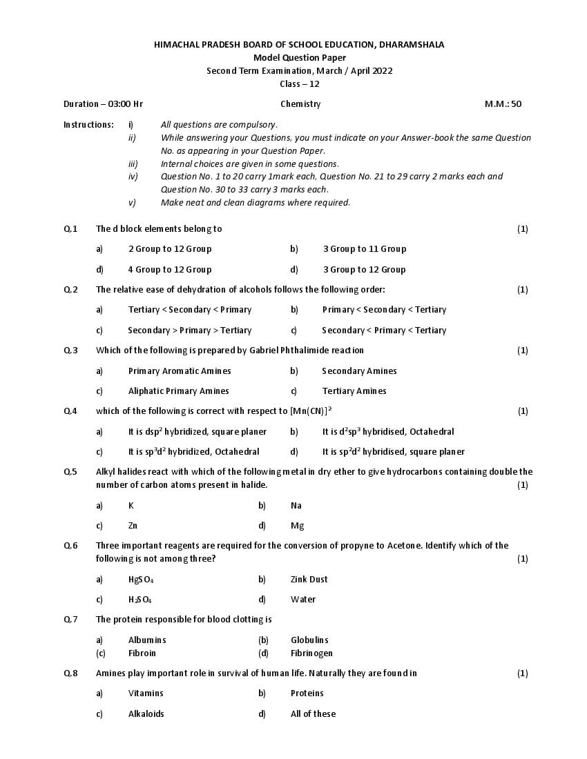 HPBOSE Class 12th Model Question Paper for Chemistry 2022 | Download HP ...