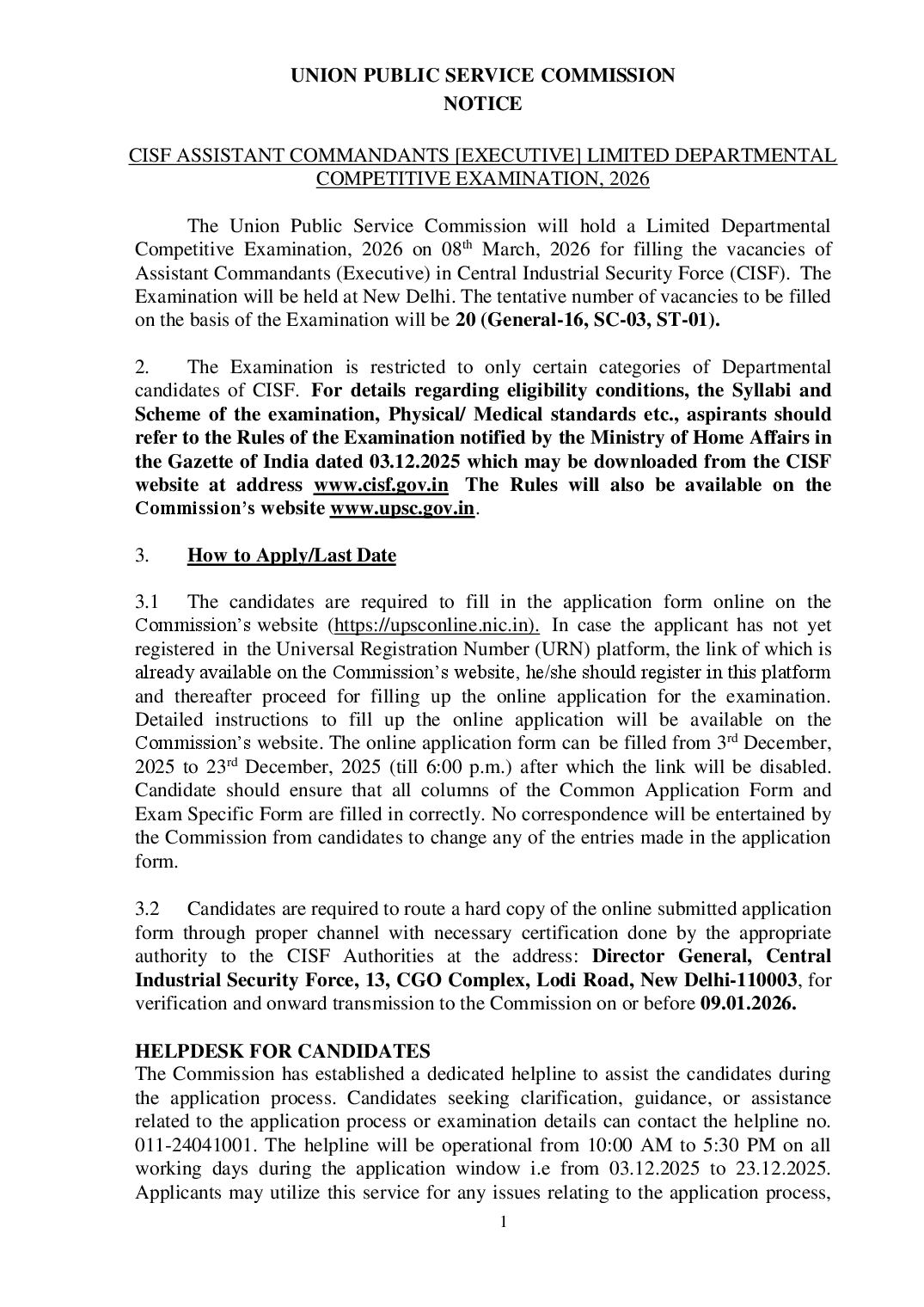 UPSC CISF AC EXE LDCE 2026 Notification - Page 1 of 18
