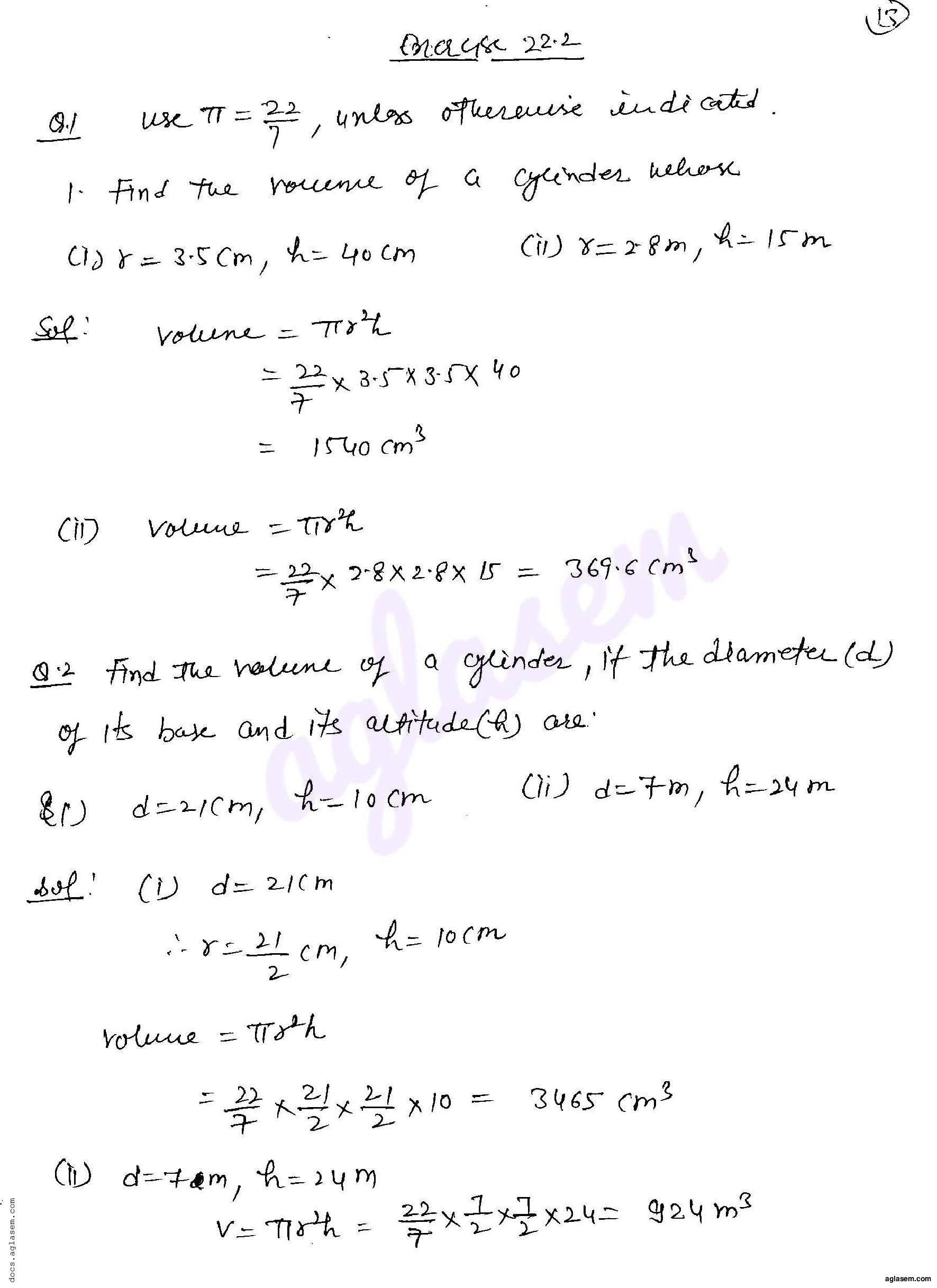 RD Sharma Solutions Class 8 Chapter 22 Mensuration III Surface Area and Volume of a Right Circular Cylinder Exercise 22.2 - Page 1