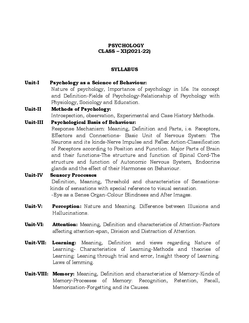 PSEB Syllabus 2021-22 for Class 11 Psychology - Page 1