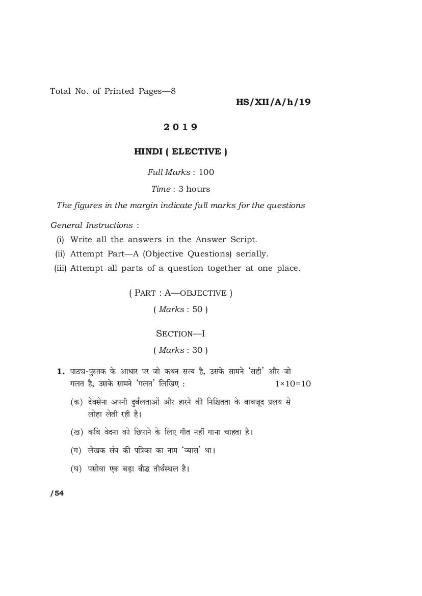 MBOSE Class 12 Question Paper 2019 for Hindi Elective - Page 1