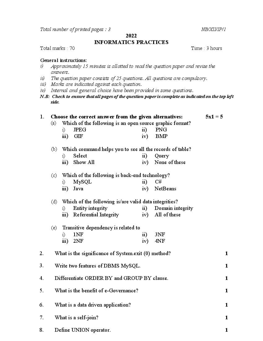 NBSE Class 12 Question Paper 2022 Informatics Practices - Page 1