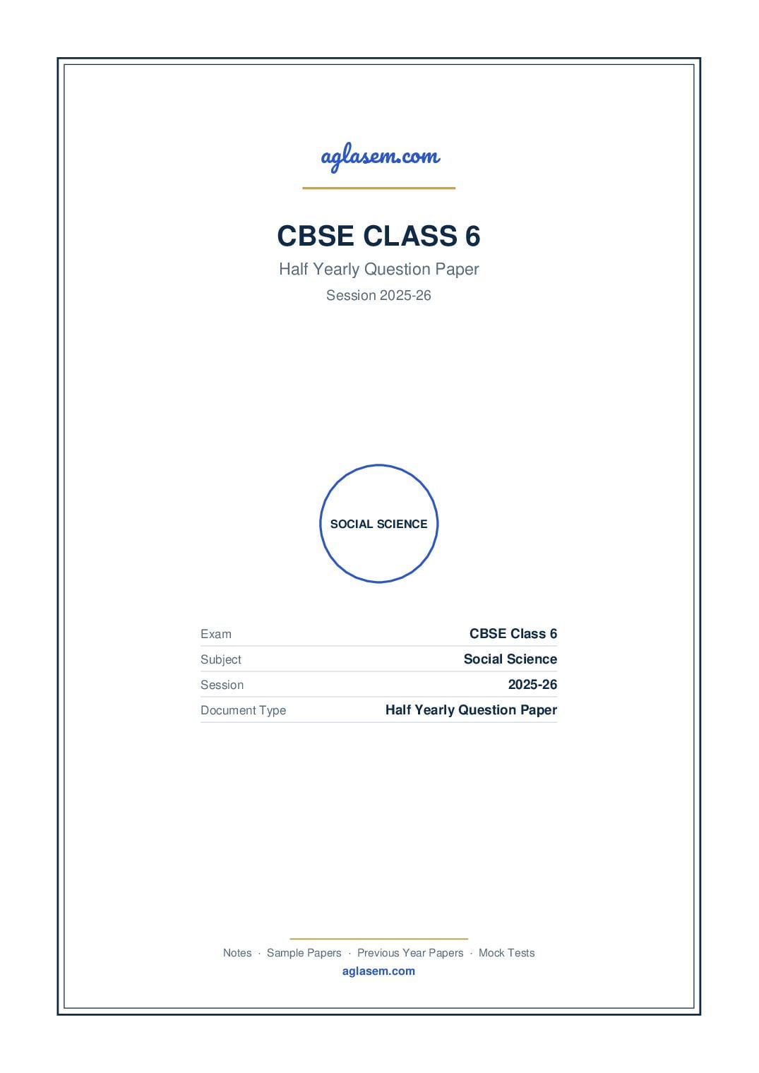 Class 6 Half Yearly Question Paper 2025-26 Social Science - Page 1 of 6