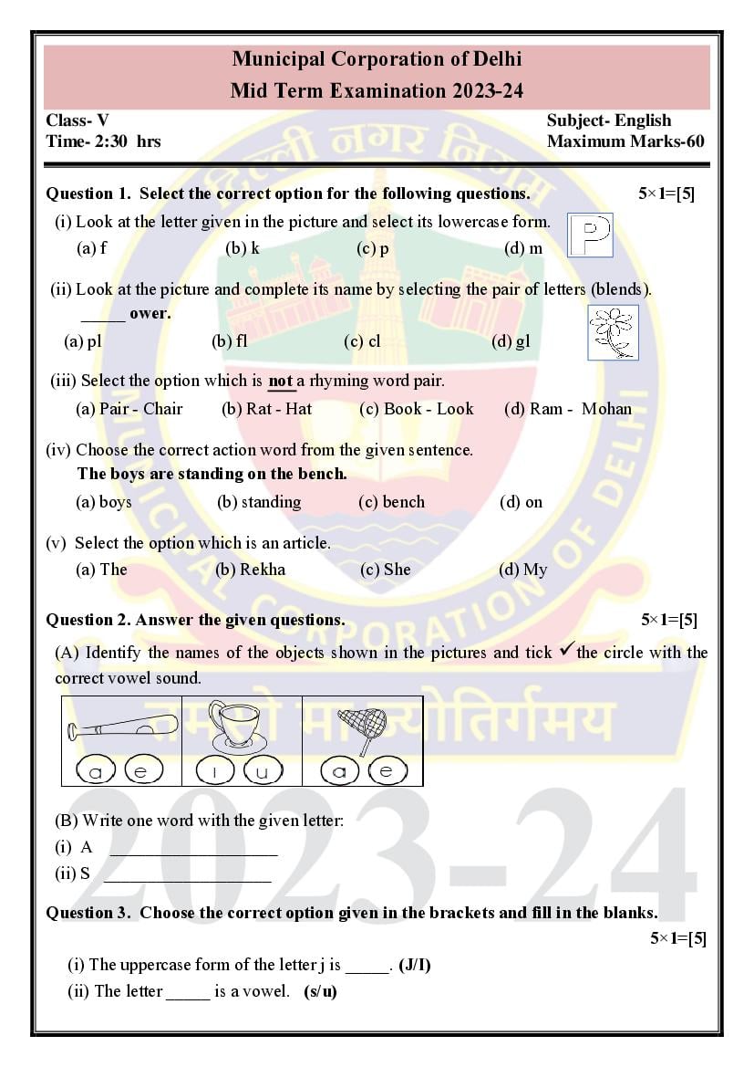 Delhi Class 5 Mid Term Question Paper 2023-24 English - Page 1