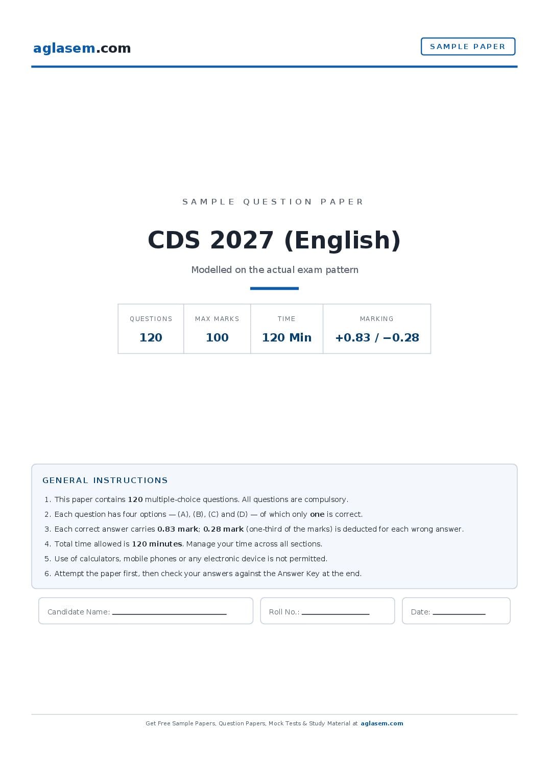 CDS 2027 Sample Paper (English) - Page 1 of 25