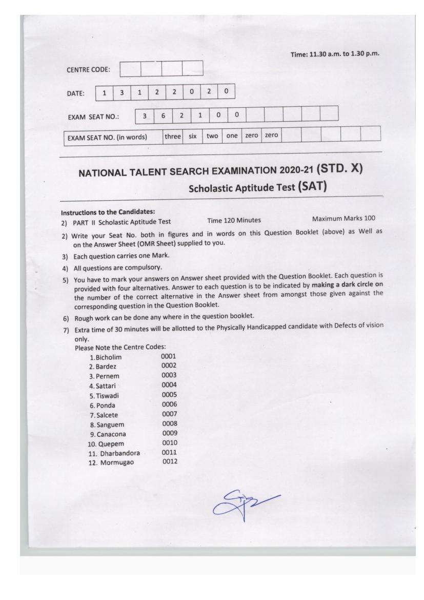 Goa NTSE 2020-21 Question Paper with Answer Key SAT - Page 1 of 12