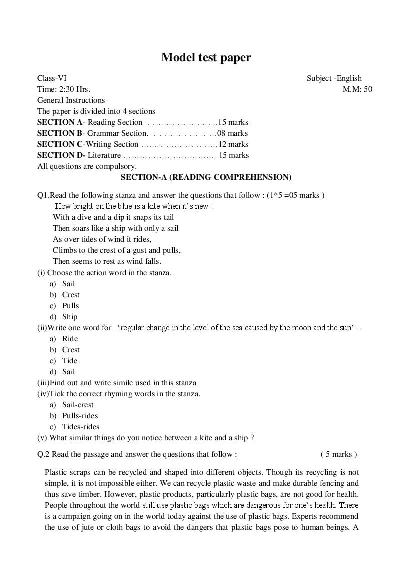 JKBOSE 6th Class Model Paper 2024 English - Page 1
