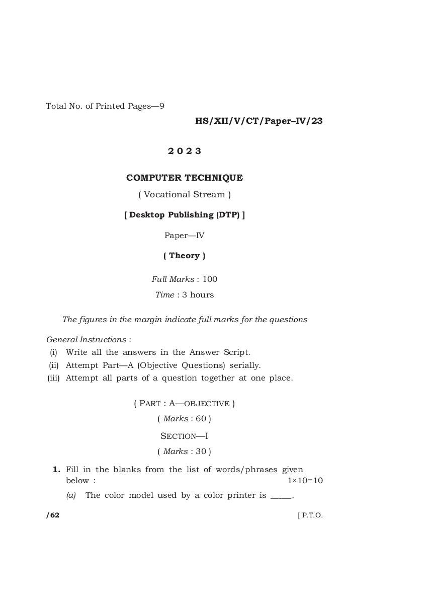 MBOSE Class 12 Question Paper 2023 for Computer Techniques - Page 1