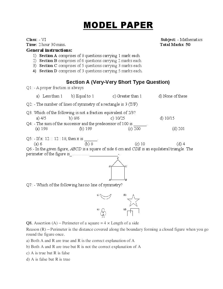 JKBOSE 6th Class Model Paper 2024 Maths - Page 1