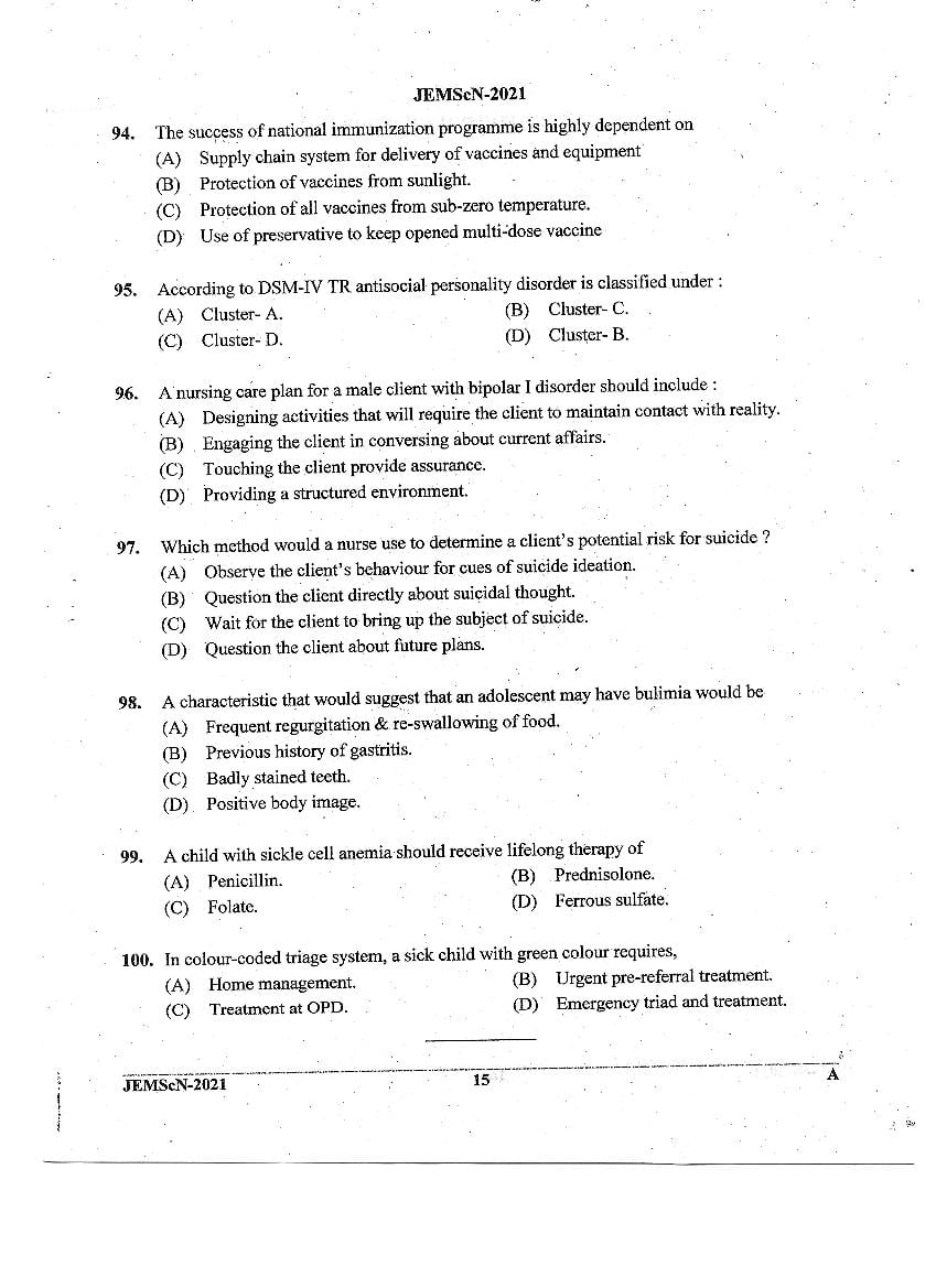 JEMScN 2021 Question Paper PDF (M.Sc. Nursing, WBJEEB)
