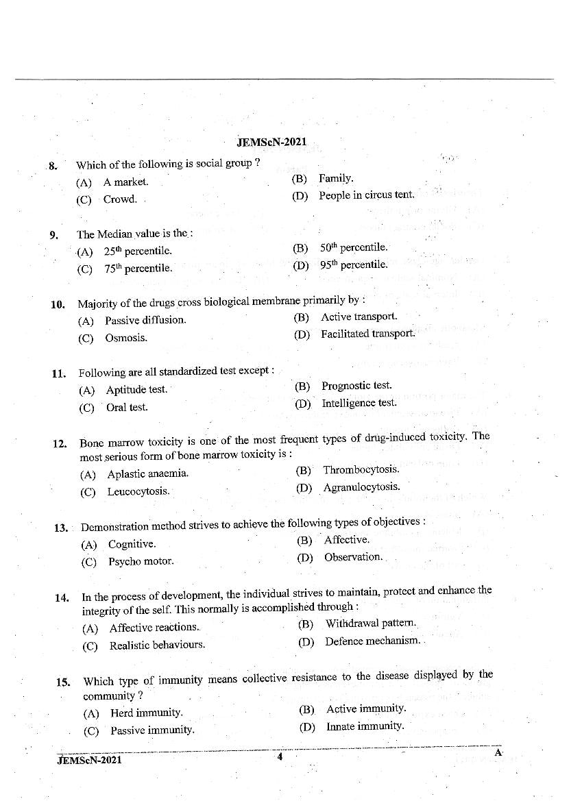 JEMScN 2021 Question Paper PDF (M.Sc. Nursing, WBJEEB)