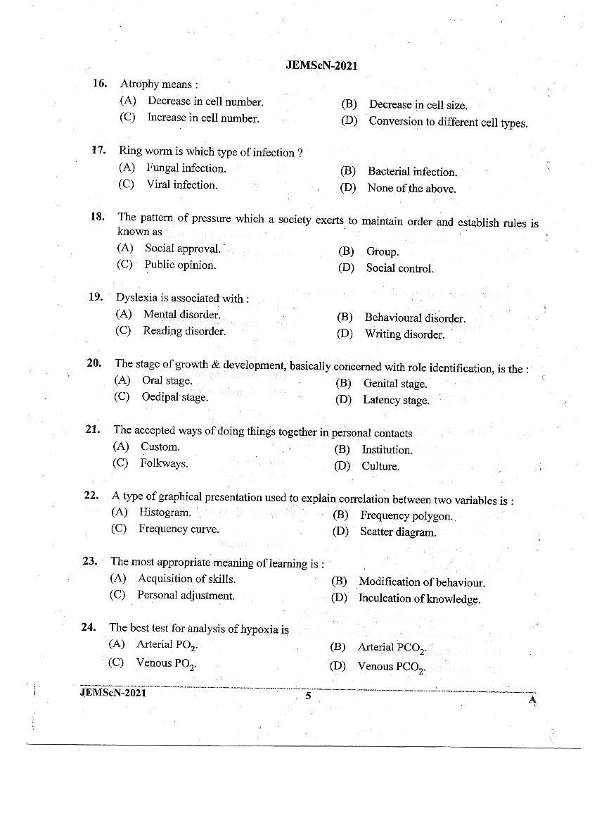 JEMScN 2021 Question Paper PDF (M.Sc. Nursing, WBJEEB)