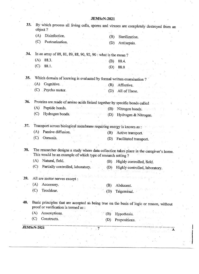 JEMScN 2021 Question Paper PDF (M.Sc. Nursing, WBJEEB)