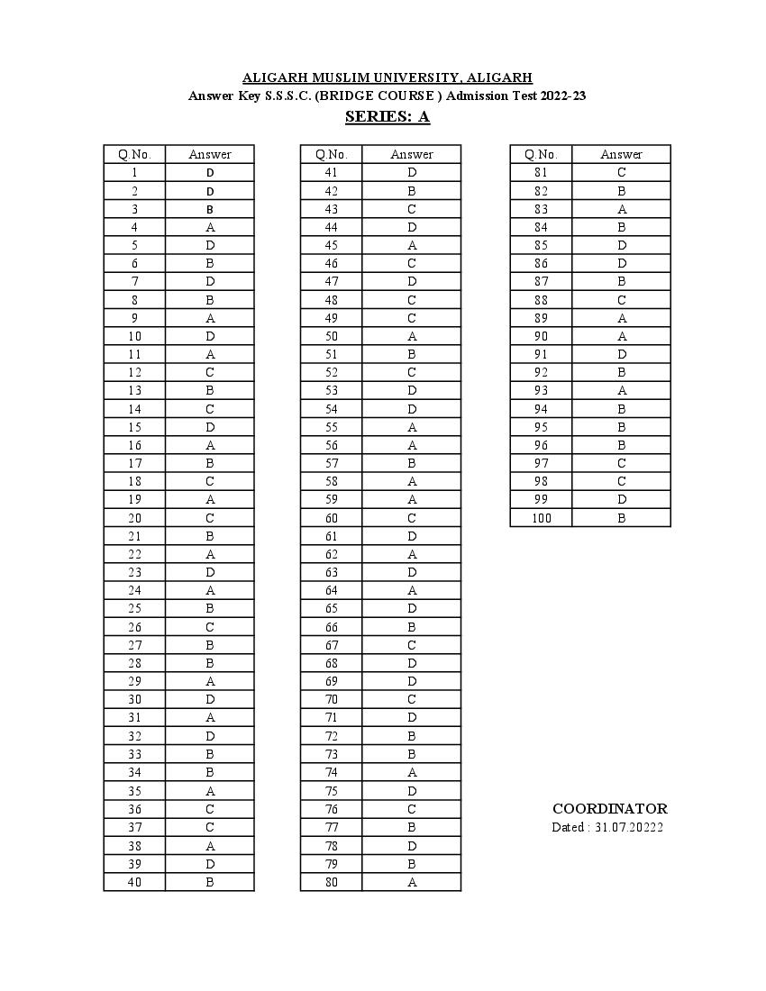 AMU Answer Key 2022 for SSSC (Bridge Course)