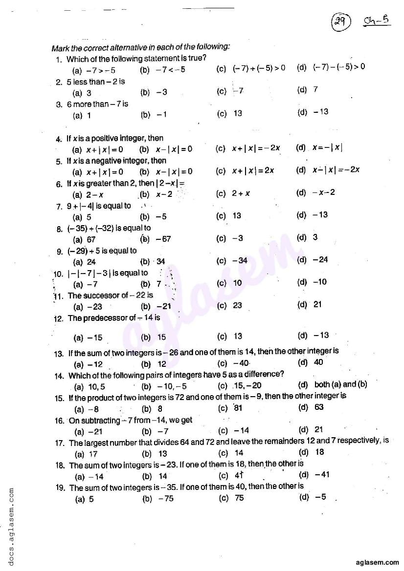 RD Sharma Solutions Class 6 Maths Chapter 5 Negative Numbers and Integers MCQ - Page 1
