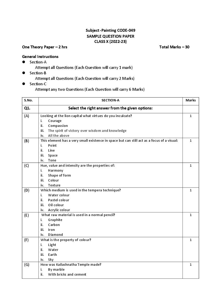 CBSE Class 10 Sample Paper 2023 for Painting - Page 1
