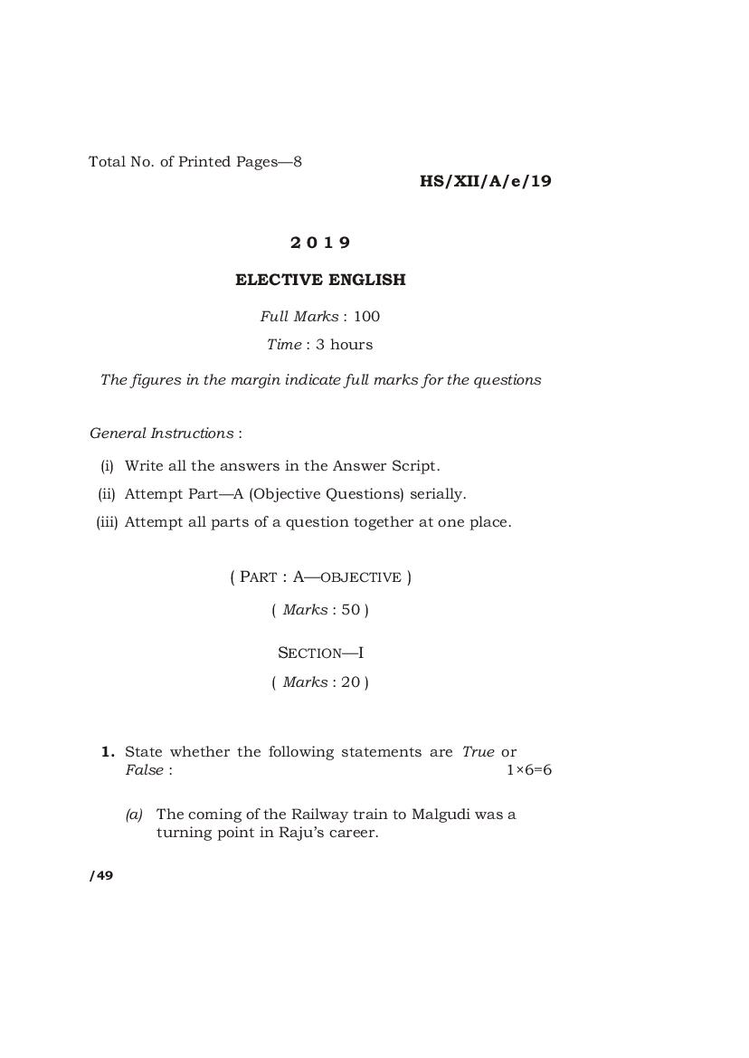 MBOSE Class 12 Question Paper 2019 for English Elective - Page 1