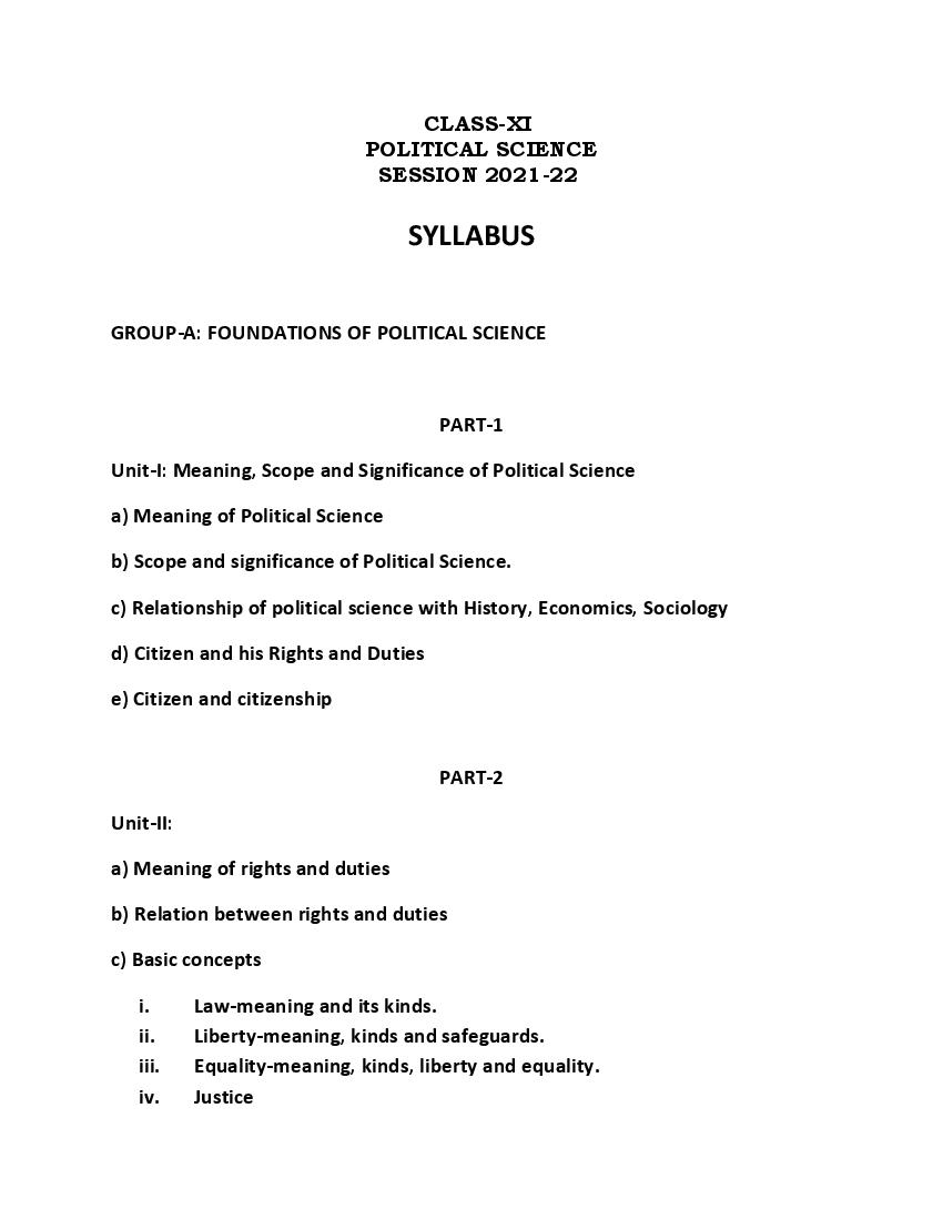 PSEB Syllabus 2021-22 for Class 11 Political Science - Page 1